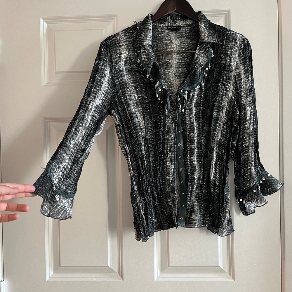 2000’s Vintage Y2K Piano Beaded Blouse Black and White Snake Skin Print